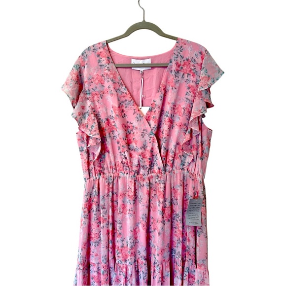 Charles Henry Ruffle Sleeve Floral Faux Wrap Dress in Pink Blossom (1X) - Picture 4 of 9